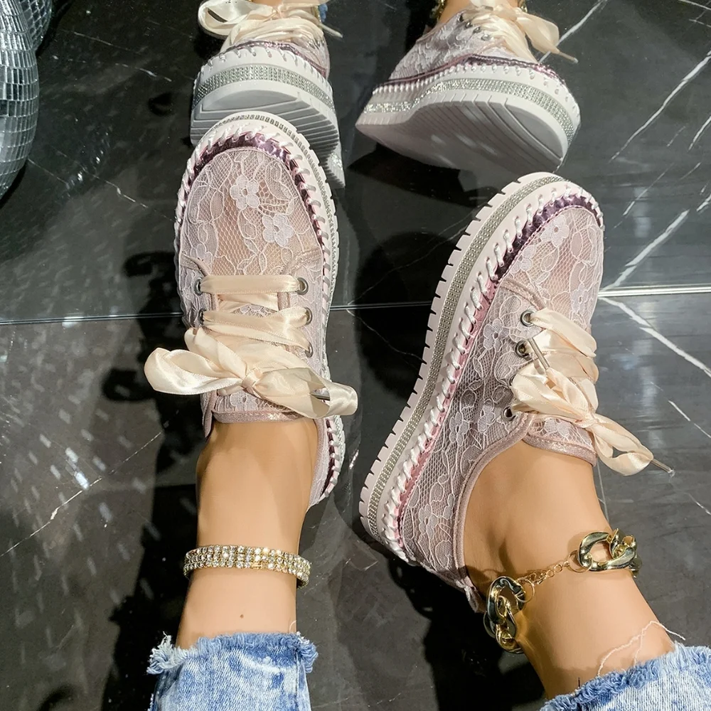 Lace Mesh Rhinestone Platform Sneakers Satin Ribbon Laces Retro Y2K Bling Shoes